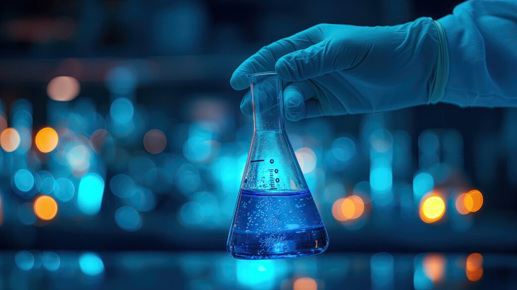 Scientist’s hand holding test tube and flask in a medical chemistry lab, symbolizing precision and automation with iLES Chemistry by iVention.