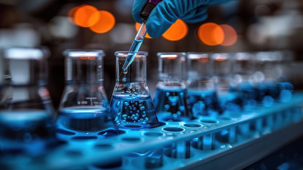Chemist in a lab coat pouring blue liquid into a flask in a modern laboratory setting.