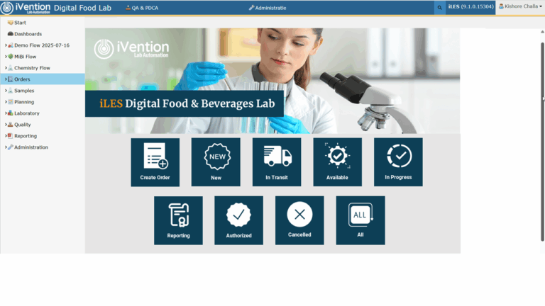 iLES Food & Beverages LIMS dashboard showing process navigation and quality control overview